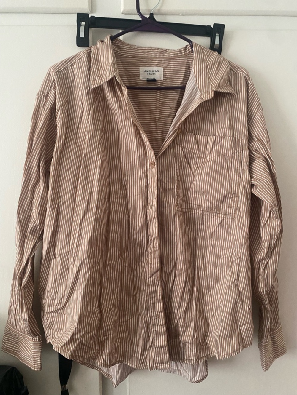 American Eagle Outfitters Tan & White Striped Button-Down Shirt